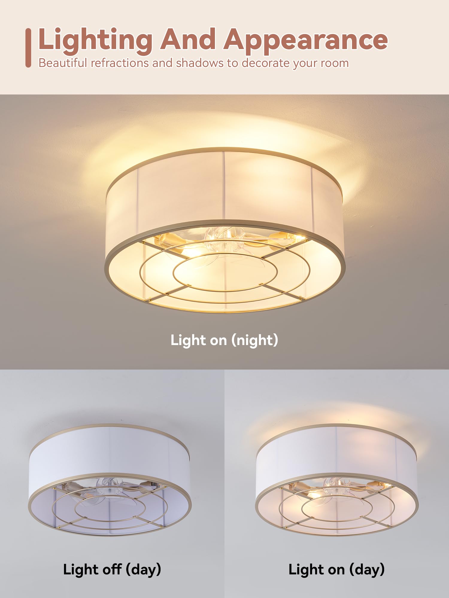 Gold Boho Low Profile Ceiling Fan with Light Flush Mount  Remote Control
