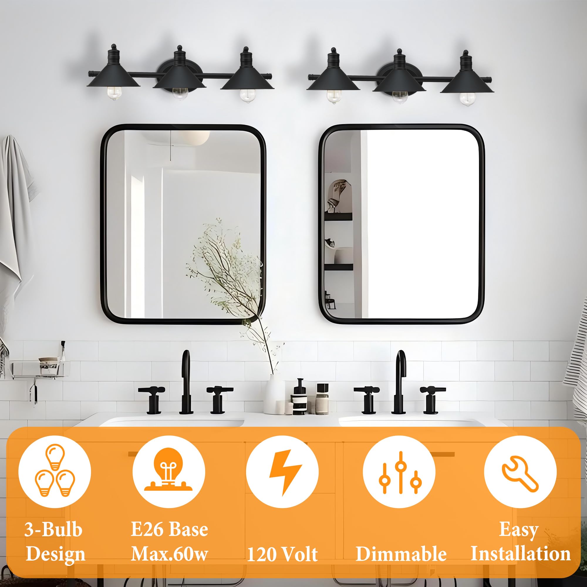 -Light Farmhouse Bathroom Vanity Wall Sconce - Black and Gold