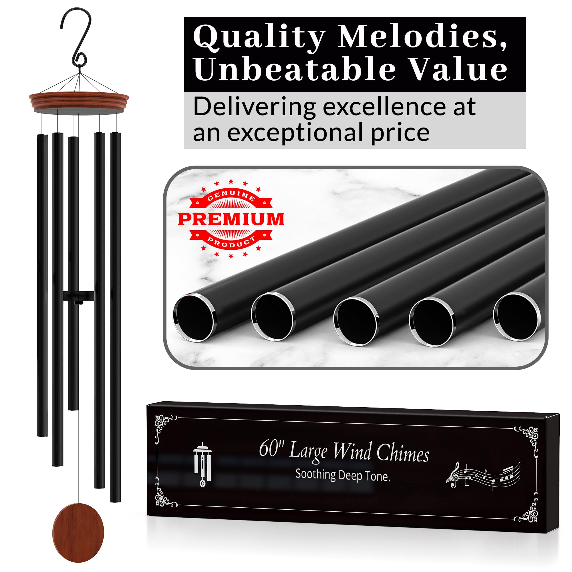 Extra Large Wind Chimes Outdoor Deep Tone Black