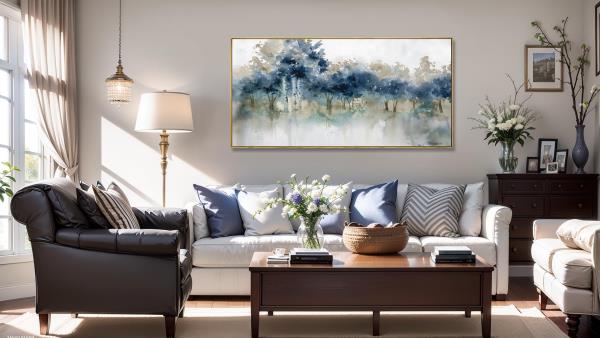 Modern Landscape Canvas Wall Art Ink Tree Painting 24x48 Framed
