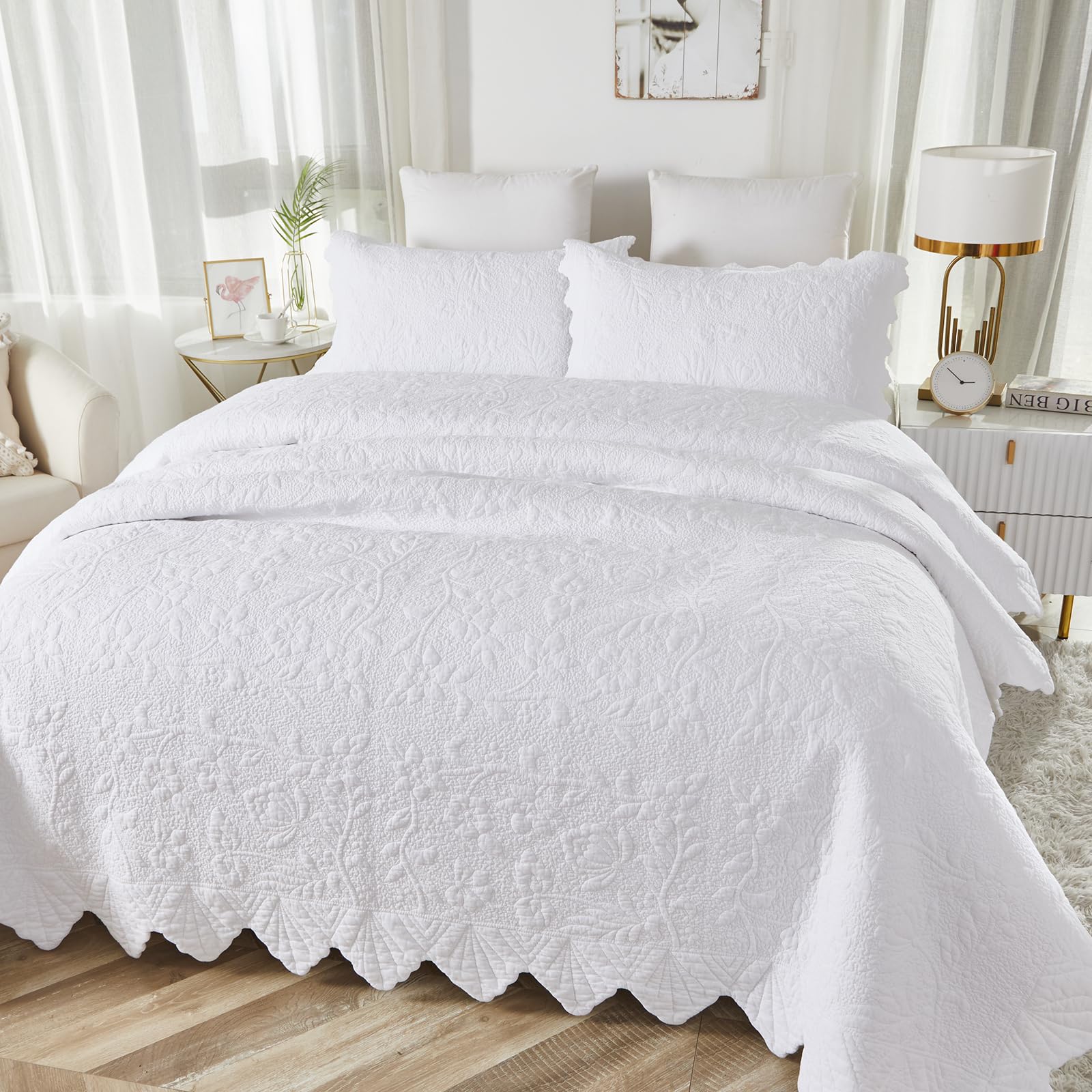 New Brandream Oversized Queen Cotton Quilt Set with Intricate Botanical Vine Stitching