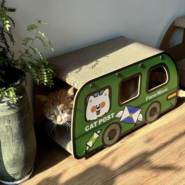 Increased Width Cat Scratching Board Green Bus Large Double Layers Cardboard House 9x11.8x22 Inch