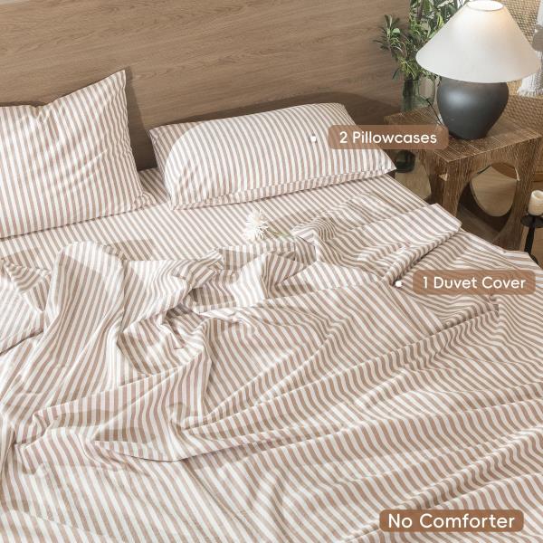 MooMee Striped Duvet Cover Set 100% Washed Cotton Linen Like Queen Retail $74.00