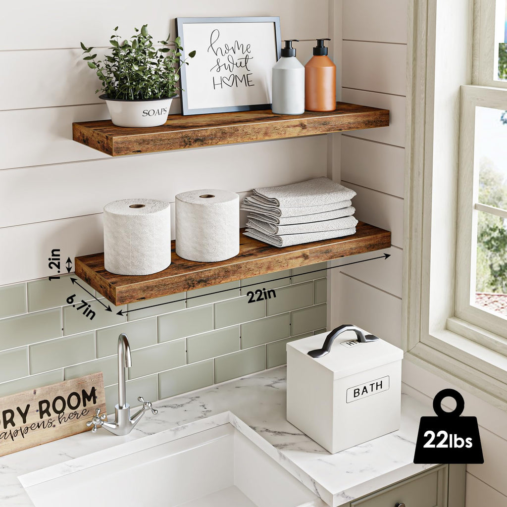 Rustic Brown Wood Floating Wall Shelves Set of 2 22x6.7x1.2 inches