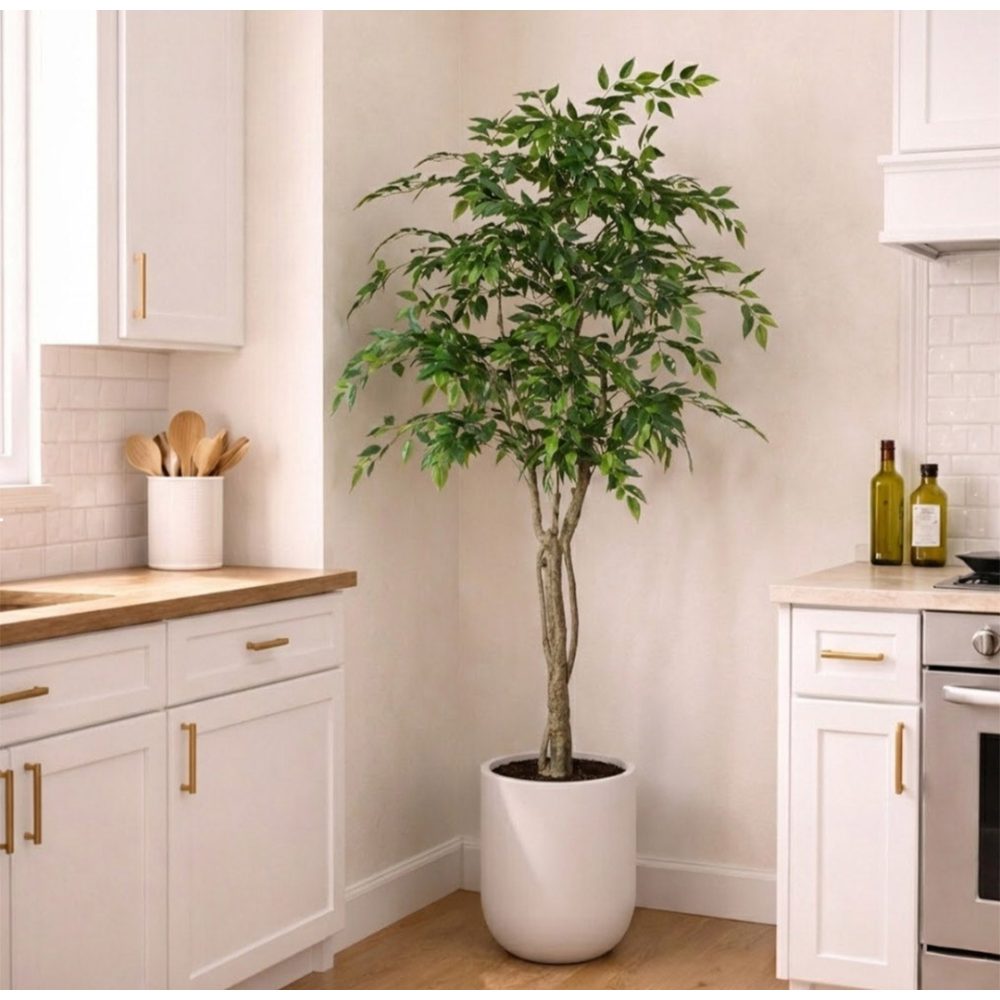 Artificial Ficus Tree 6.5 ft Tall Green with White Pot