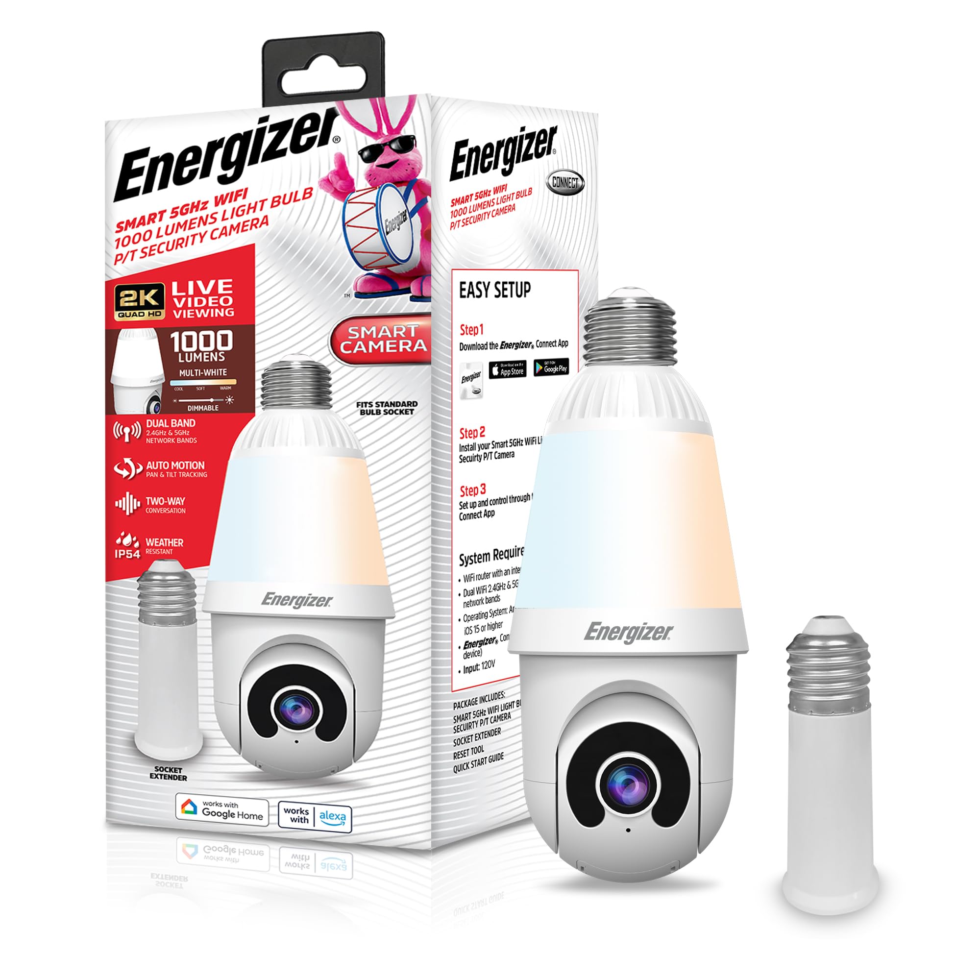 New Energizer Smart 2K Light Bulb Camera - PanTilt Auto Tracking 1000 Lumens LED