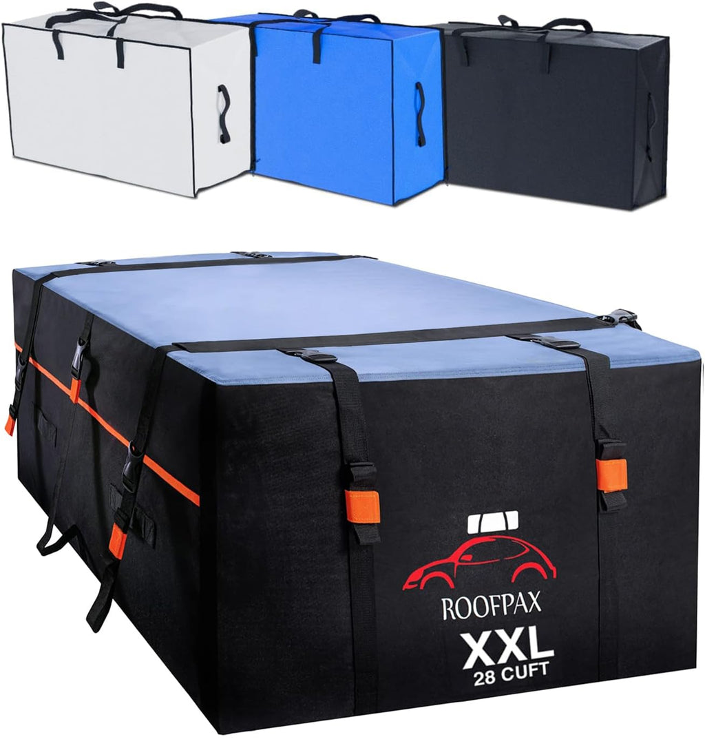 RoofPax XXL 28 cuft Car Rooftop Cargo Carrier Bag Extra Waterproof Car Roof Storage with 10 Heavy Duty Tie Down Straps and 4 Hooks Roof Bag Cargo Carrier for Top of Vehicle with/Without Rack Retail $189.00