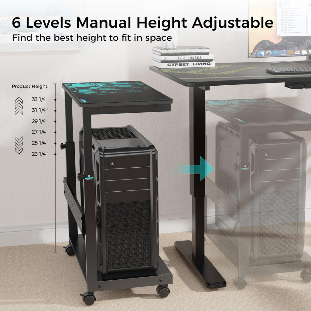 Black Height Adjustable 2-Tier PC Tower Stand Computer Cart with Wheels