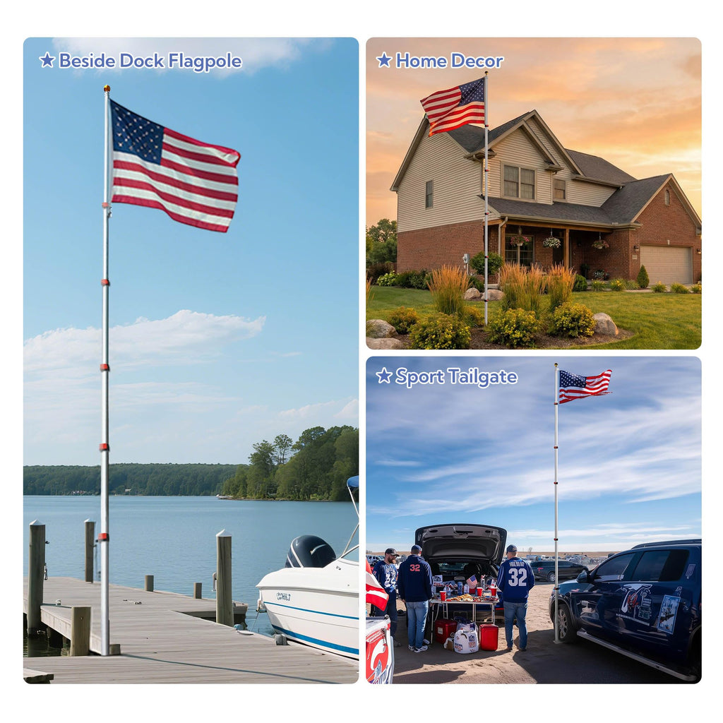 Yeshom 20ft Telescopic Flag Pole Kit with 3'x5' US American Flag & Ball Top Sleeve Set Aluminum Telescoping Flagpole Fly 2 Flags for Outdoor Tailgate Camper RV Tire Mount Inground Outside House Retail $99.00