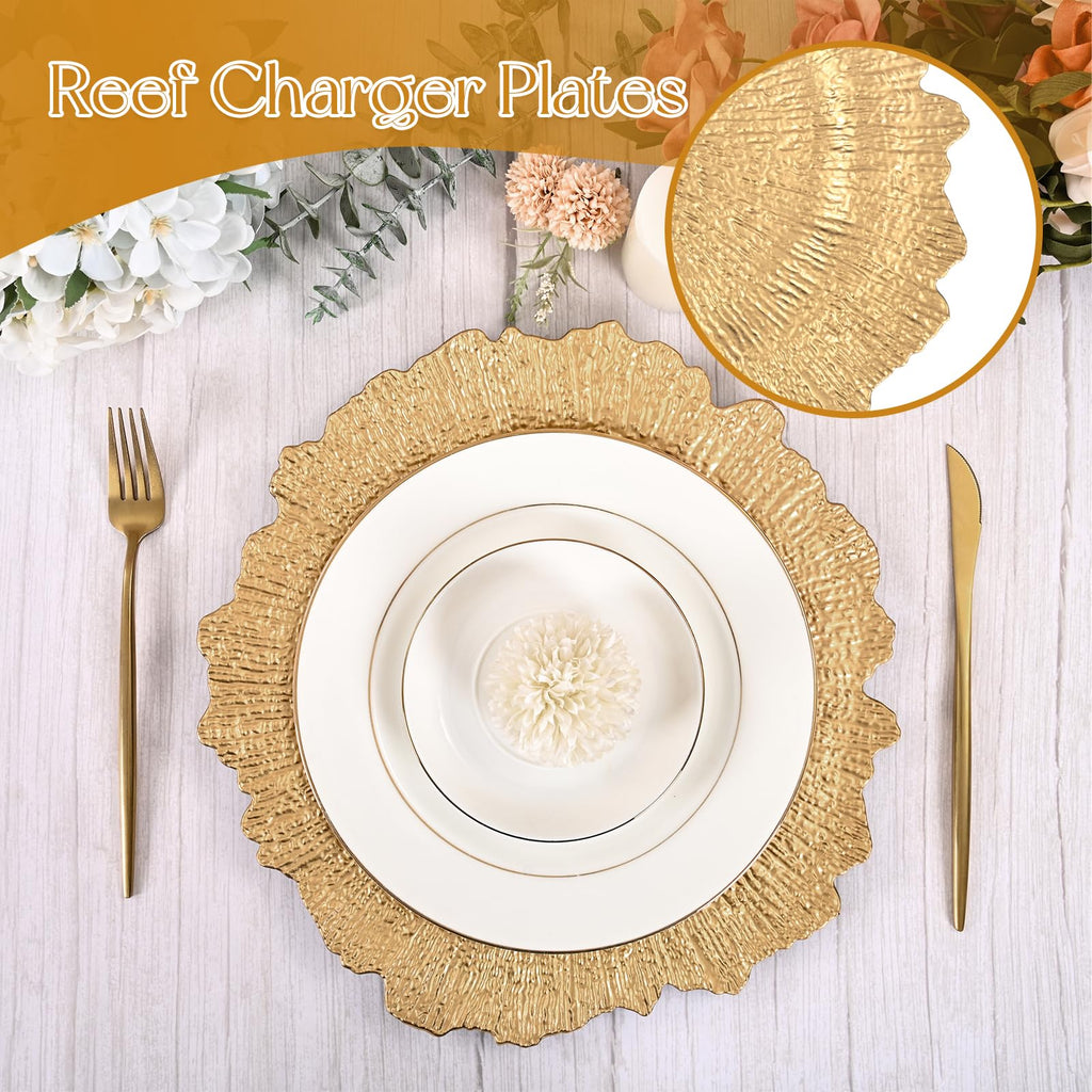Pcs Gold Charger Plates 13 Inch Round Plastic Reusable with Reef Ruffled Rim
