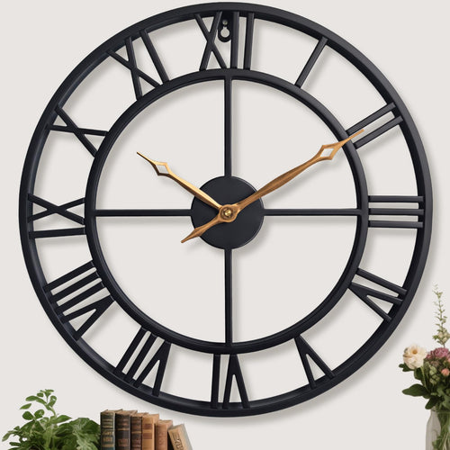 Black 18.5 Inch Metal Quiet Wall Clock with Roman Numerals