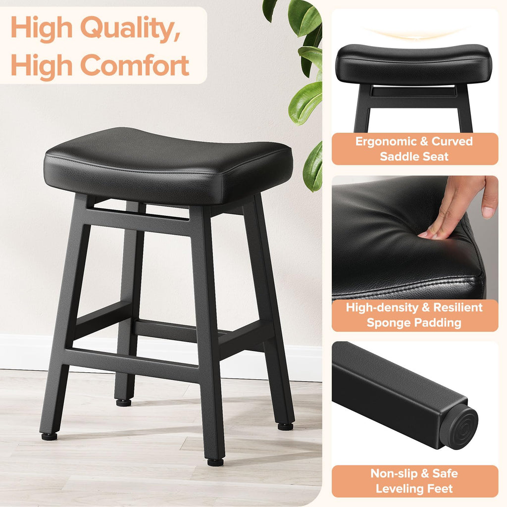 Set of 2 All Black 24 Inch Counter Height Bar Stools w Bonded Leather Saddle Seats