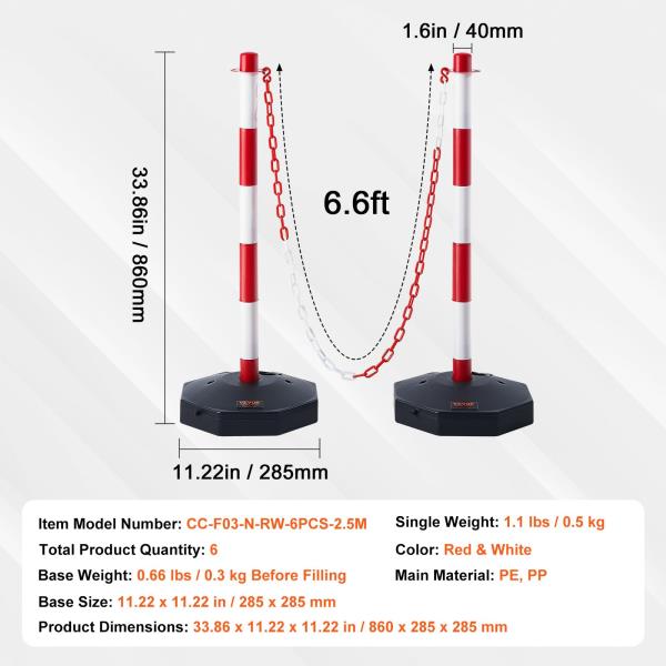 Adjustable Traffic Delineator Post Cones 6 Pack with 6.6FT Chain Red  White