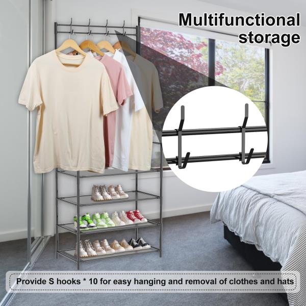 -Tier Space-Saving Hall Tree with Shoe and Hat Rack Waterproof Metal Black