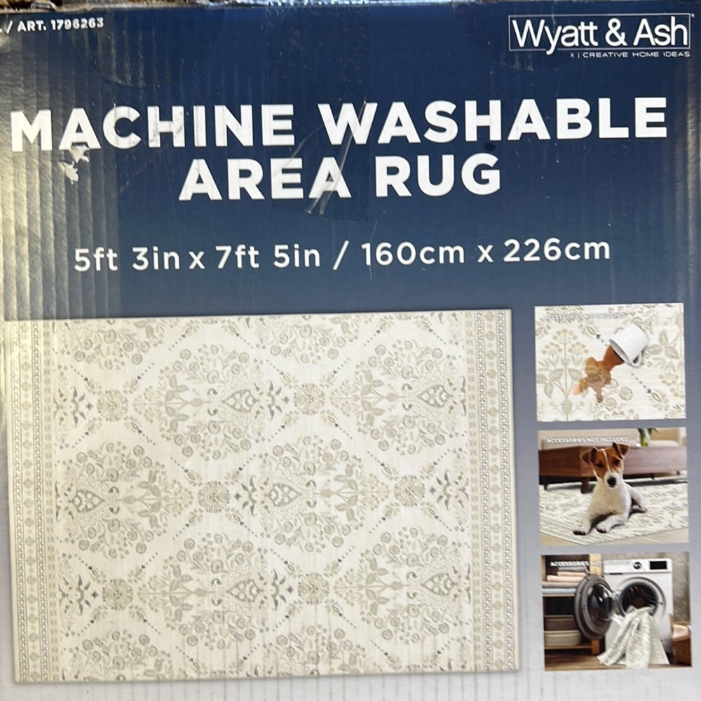 Machine Washable Area Rug 5ft 3in x 7ft 5in Floral Damask CreamBeige