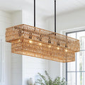 InterMaka 6-Light Boho Rattan Chandeliers for Dining Room, 2 Layer Large Linear Chandelier Rattan Pendant Light Fixture Farmhouse 34” Rectangle Chandelier for Kitchen Island Bar Living Room Retail $189.00