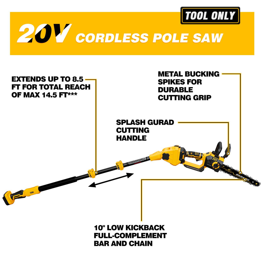 2-IN-1 Cordless 10-Inch Pole Saw & Chainsaw Compatible with DEWALT 20V MAX* Battery, Total Reach of Max 14.5ft, Electric Pole Saw for Tree Trimming Pruning (Tool Only-Battery & Charger not included)
