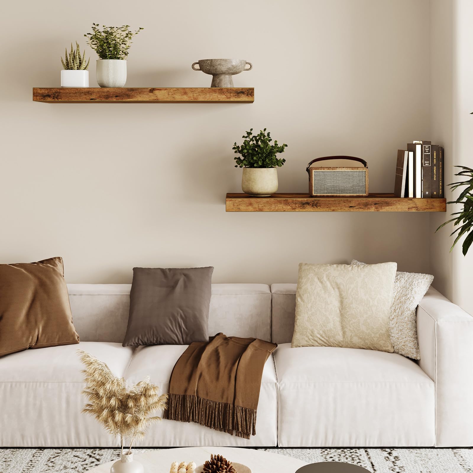 Rustic Brown Wood Floating Wall Shelves Set of 2 22x6.7x1.2 inches