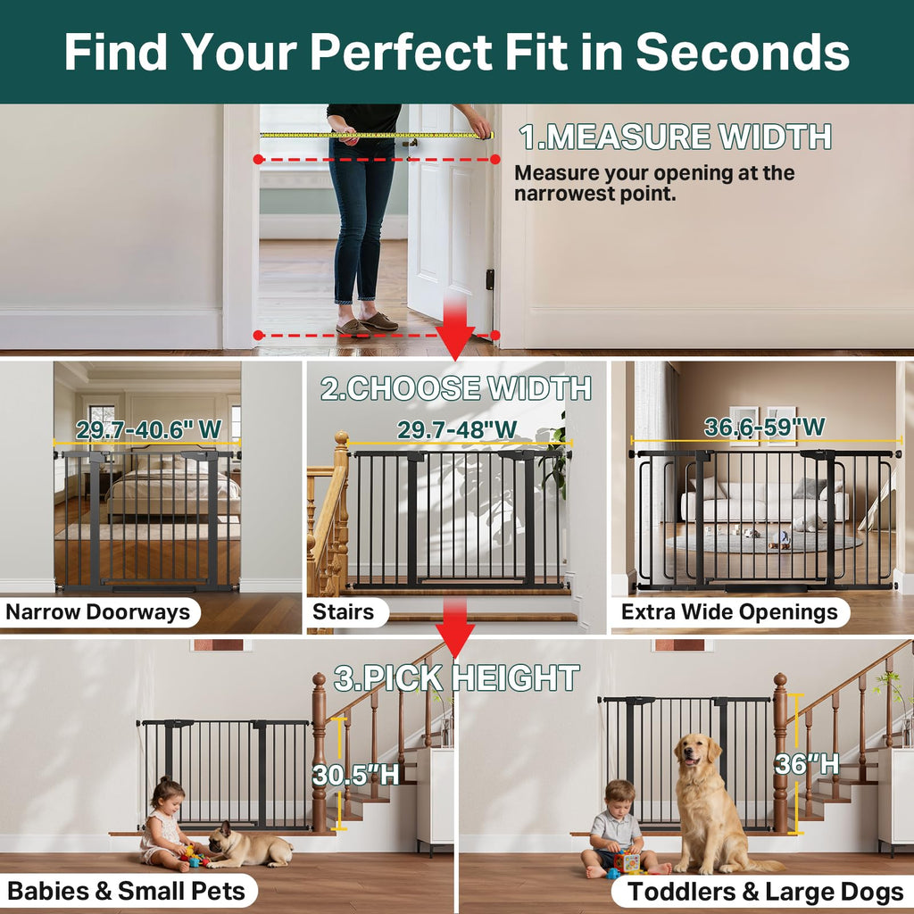 Adjustable Metal Baby Gate 29.7-48in Wide Auto-Close Dual-Lock Black