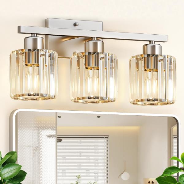 -Light Brushed Nickel Bathroom Vanity Light Fixture with Crystal Round Shades