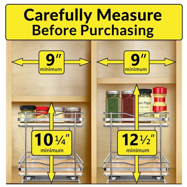 -Tier Pull Out Spice Rack Organizer for Cabinets 8-38 inch Wide Wood and Chrome