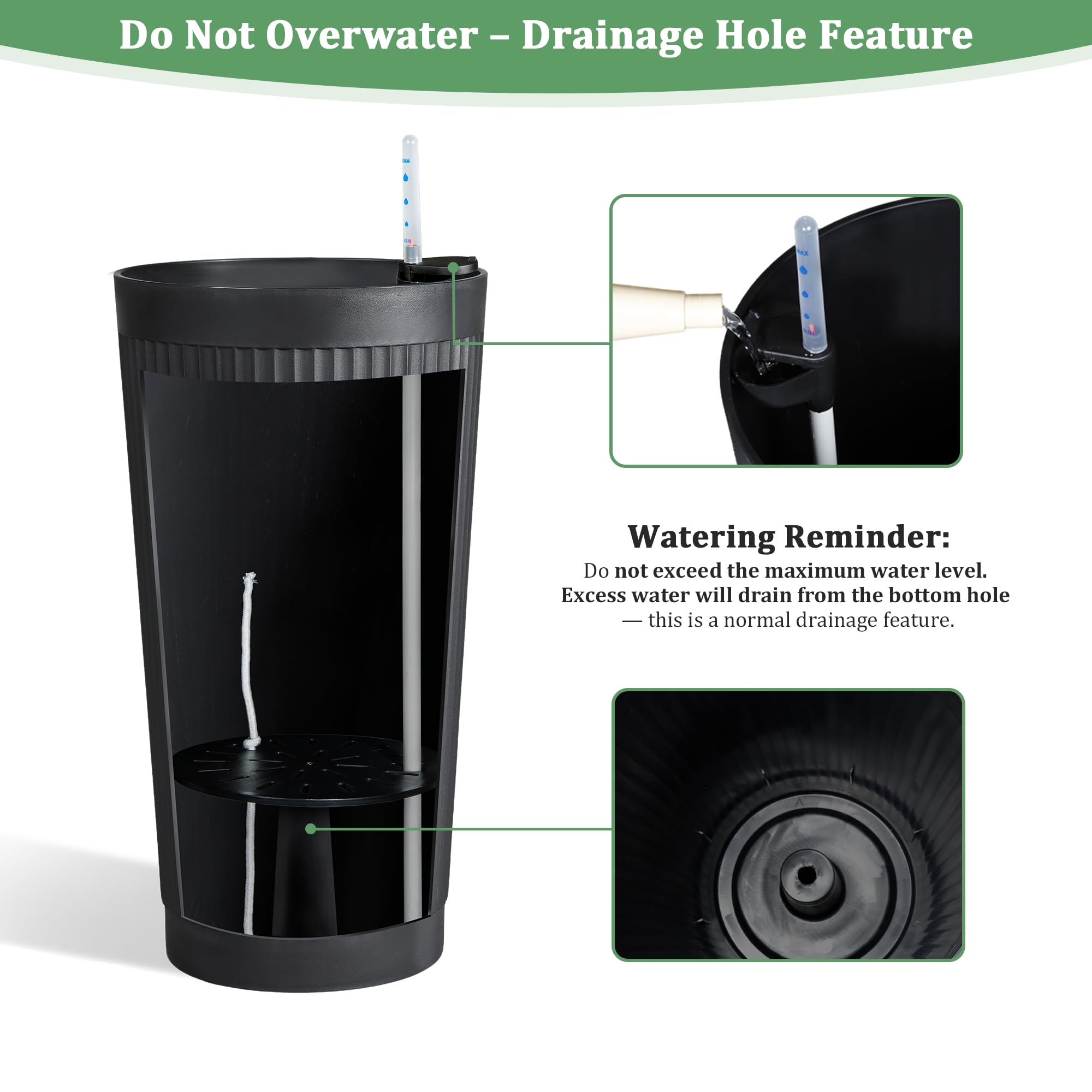'-Pack 24in Round Plastic Self-Watering Planters with Vertical Ribbed Design Black