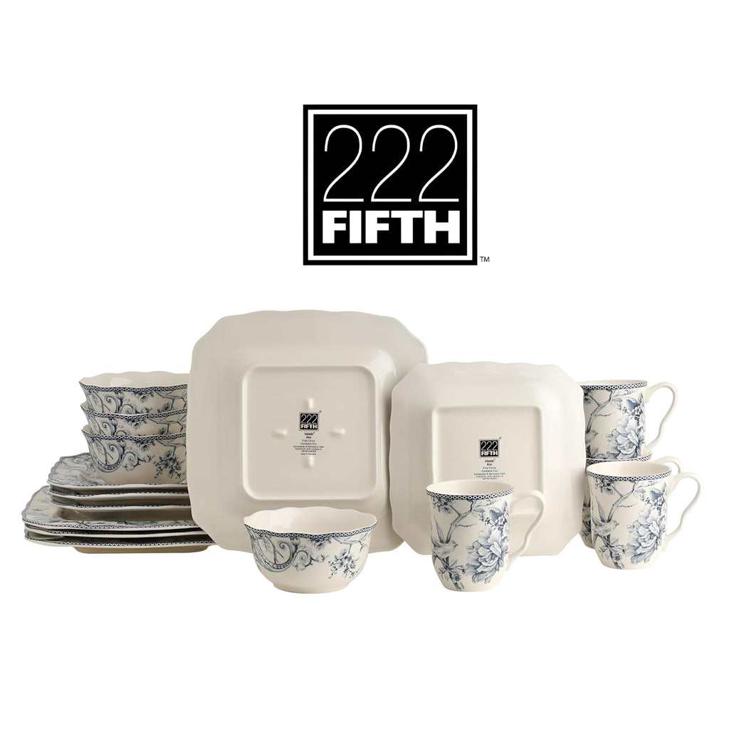 New 222 Fifth Adelaide Blue Floral Porcelain 16-Pc Microwave Safe Dinnerware Set Retail $109.00