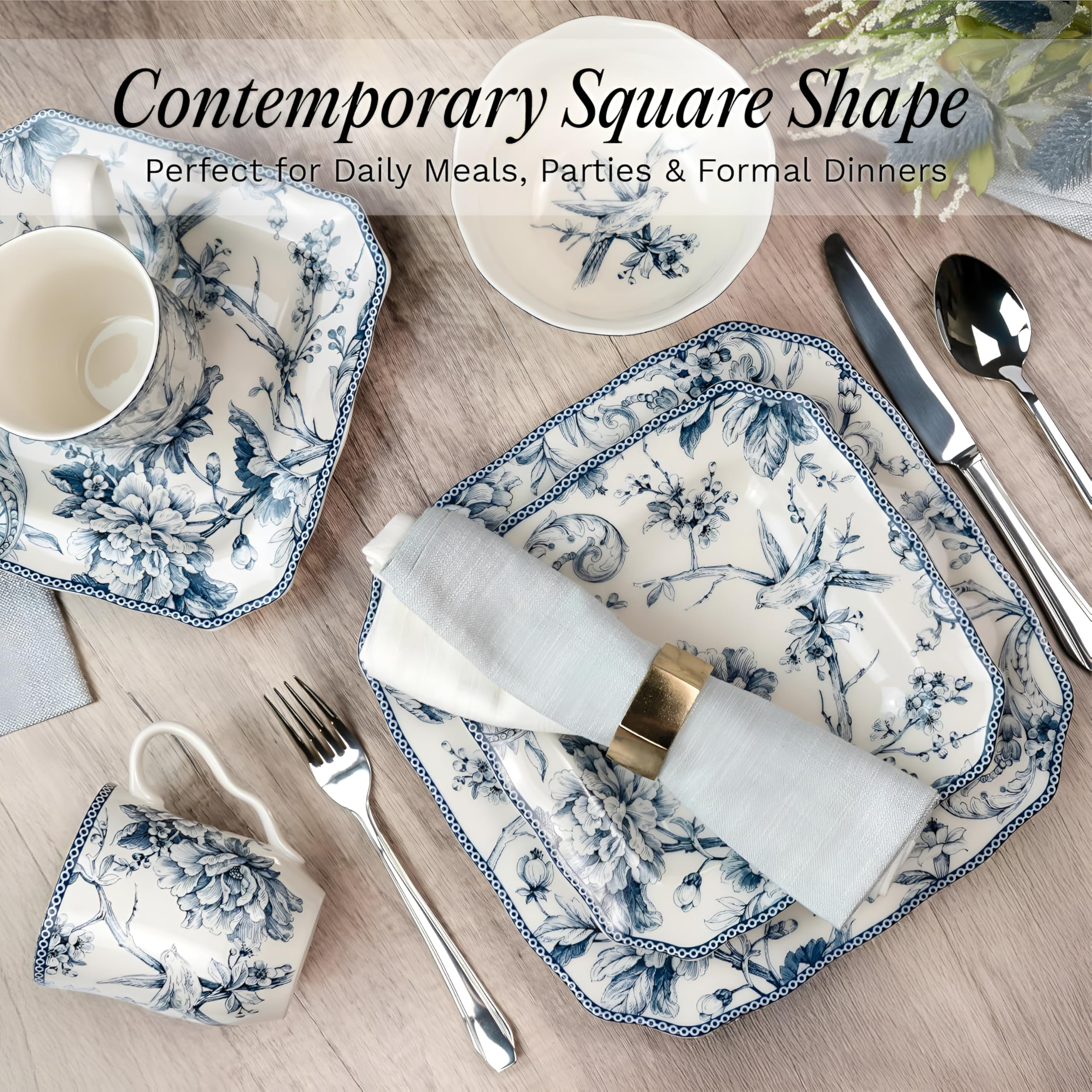 New 222 Fifth Adelaide Blue Floral Porcelain 16-Pc Microwave Safe Dinnerware Set Retail $109.00