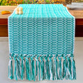 Farmhouse Table Runner 104 Inch White Jade Green with Handmade Tassels Retail $29.00