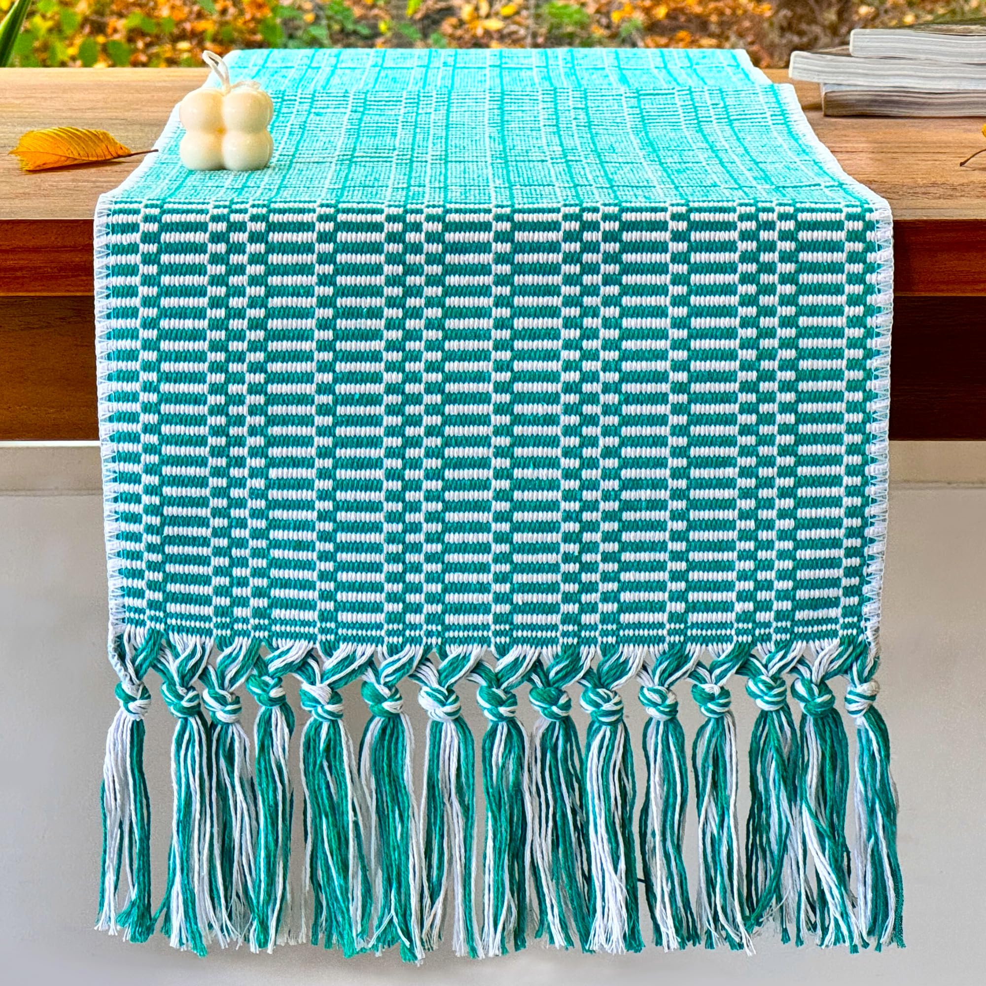 Farmhouse Table Runner 104 Inch White Jade Green with Handmade Tassels Retail $29.00