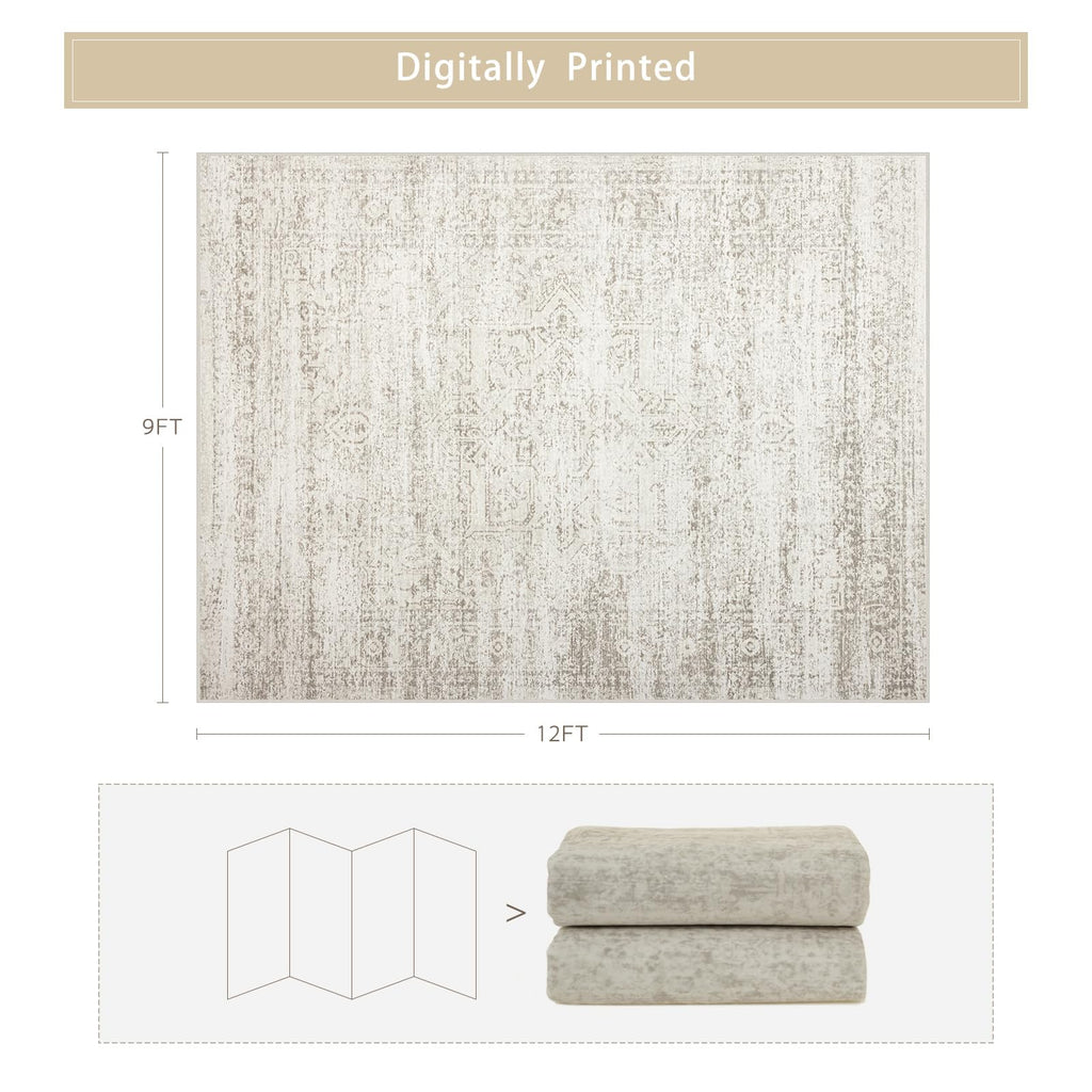 Beige 9x12 Washable Non-Slip Faux Wool Vintage Low-Pile Area Rug