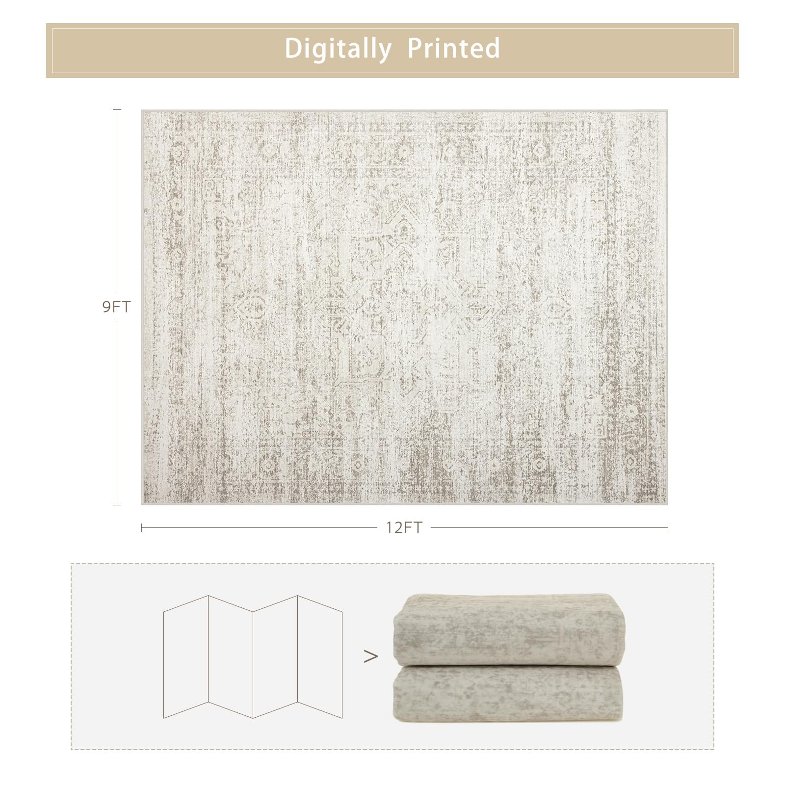 Beige 9x12 Washable Non-Slip Faux Wool Vintage Low-Pile Area Rug