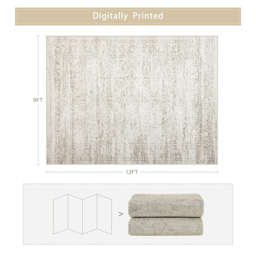 Beige 9x12 Washable Non-Slip Faux Wool Vintage Low-Pile Area Rug