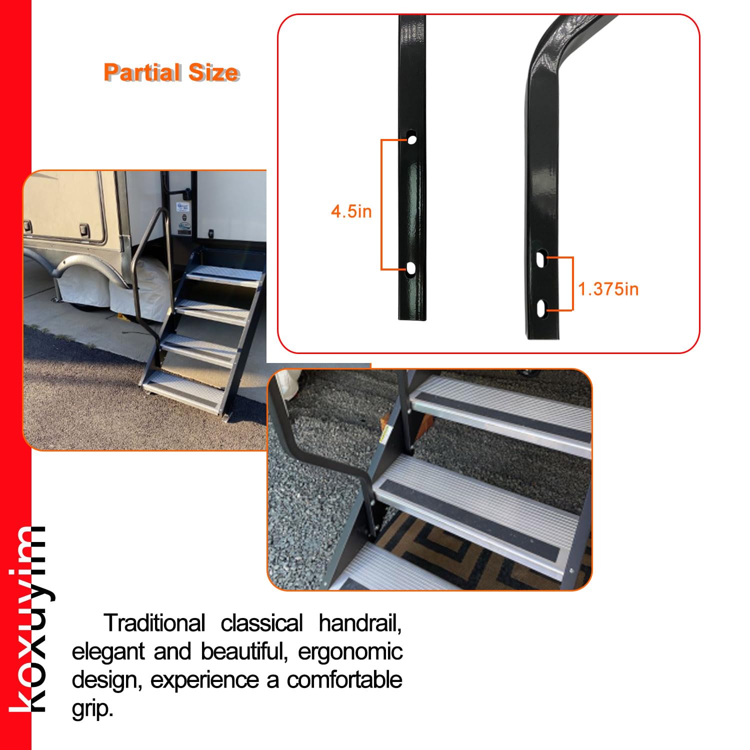 Black RV Entry Step Handrail for Step Above 2nd Gen 3-Step RV Steps
