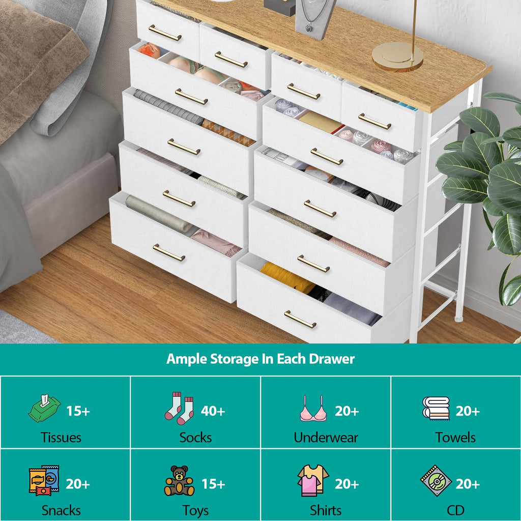 White Tall Fabric Dresser with 12 Deep Drawers  Retro Wood Top