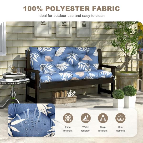 Waterproof Porch Swing Cushion with Backrest 2-3 Seater Thickened Bench Cushion Tropical Leaf 47x40