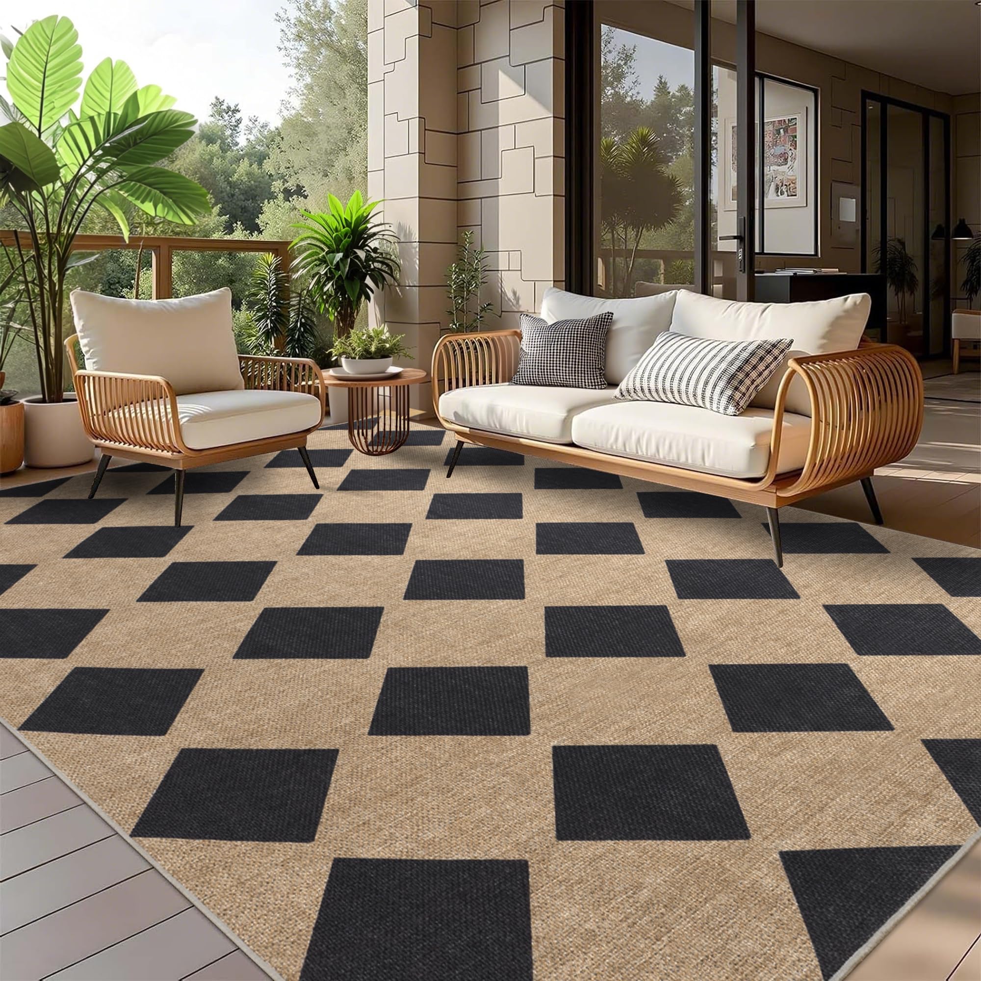Open-Box New Zeeinx Checkered 5x7 Outdoor Patio Area Rug - Washable Non-Slip Black Retail $40.00