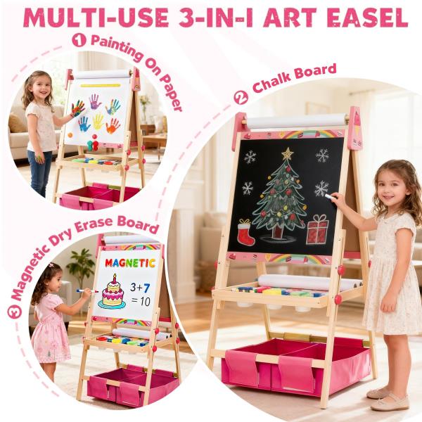 Adjustable Kids Art Easel with 3 Paper Rolls Magnetic Whiteboard and Chalkboard Pink