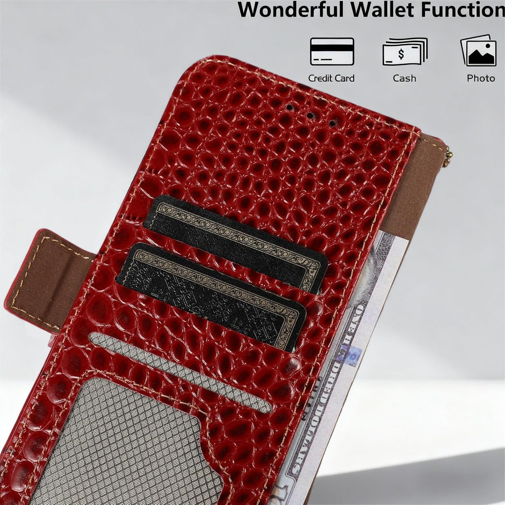 iPhone 16 Pro Leather Flip Case Crocodile Pattern RFID Blocking - Red
