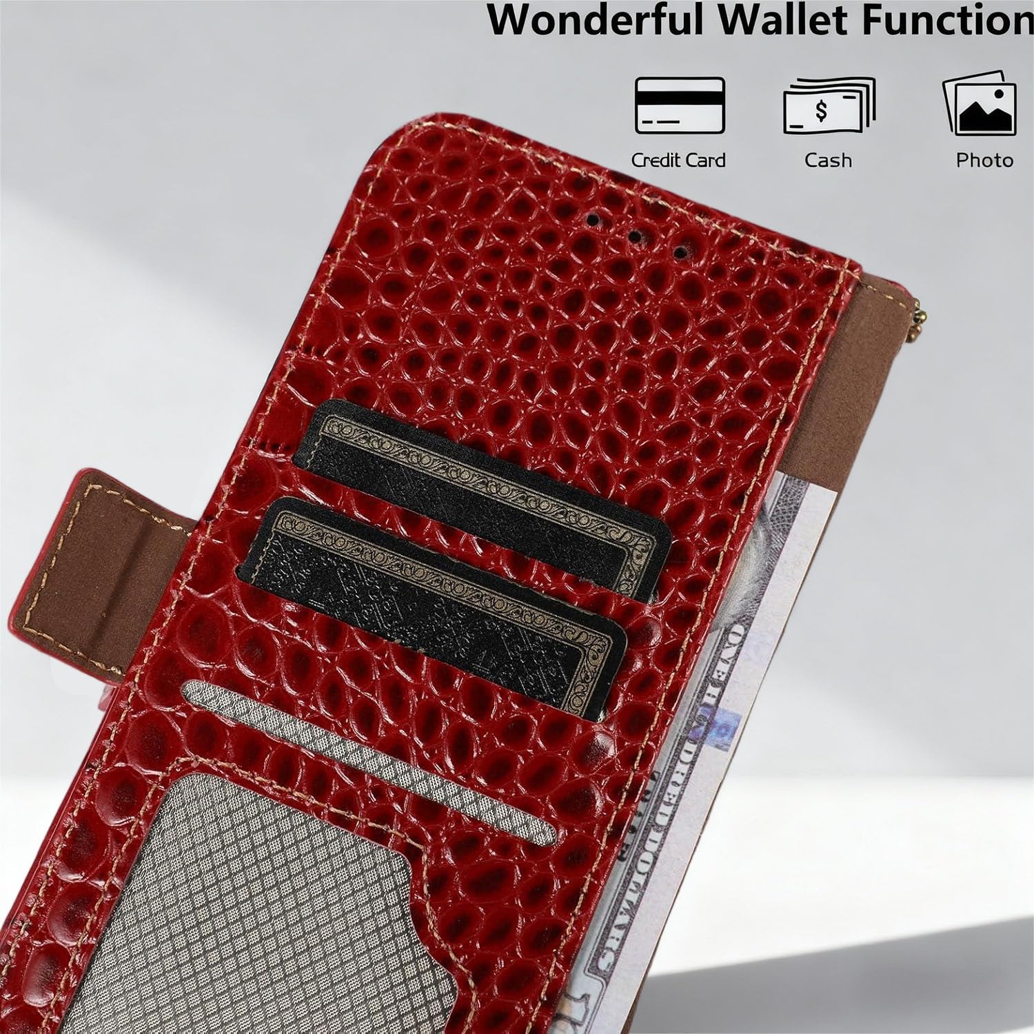 iPhone 16 Pro Leather Flip Case Crocodile Pattern RFID Blocking - Red