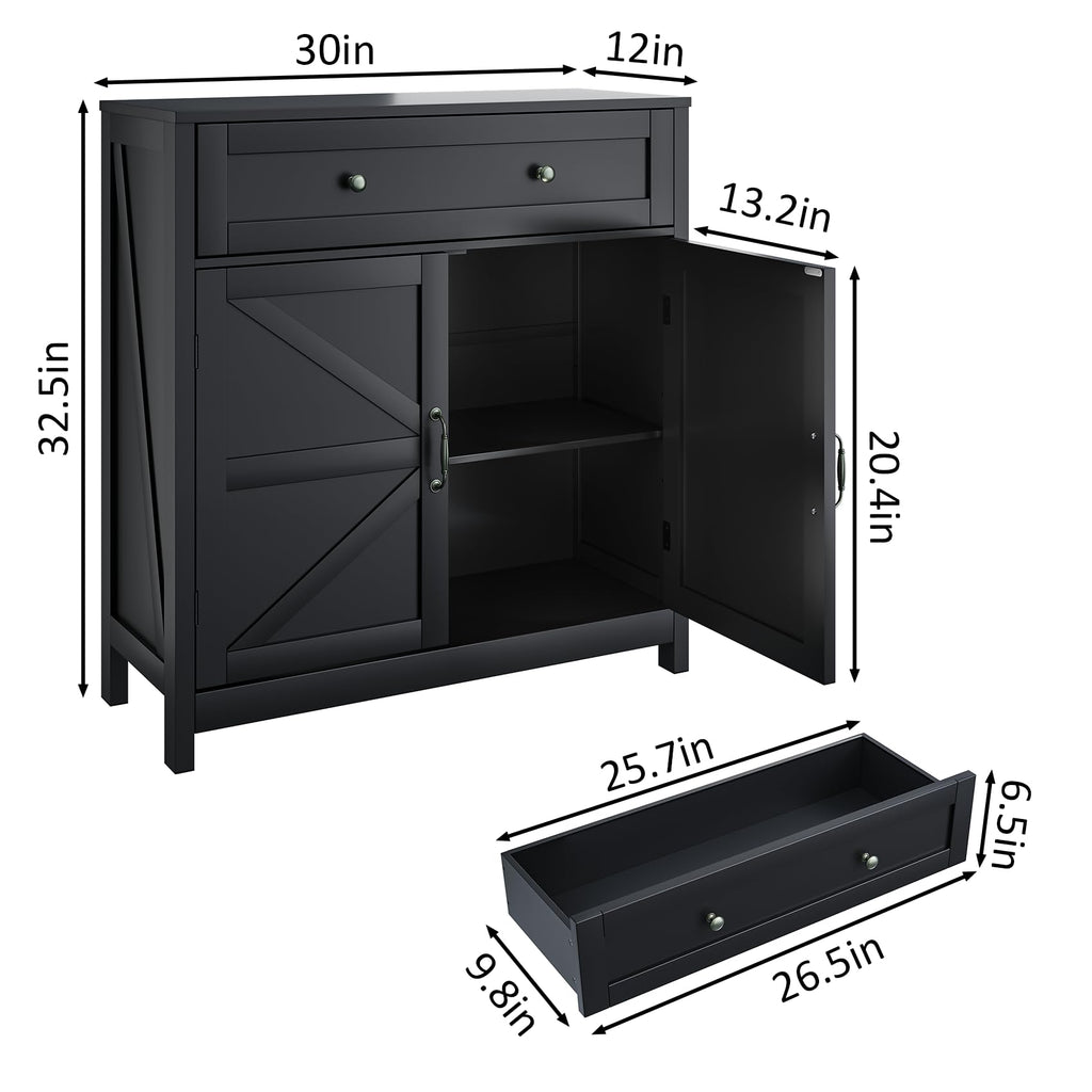 Black Farmhouse Buffet Sideboard Storage Cabinet with 2 Barn Doors