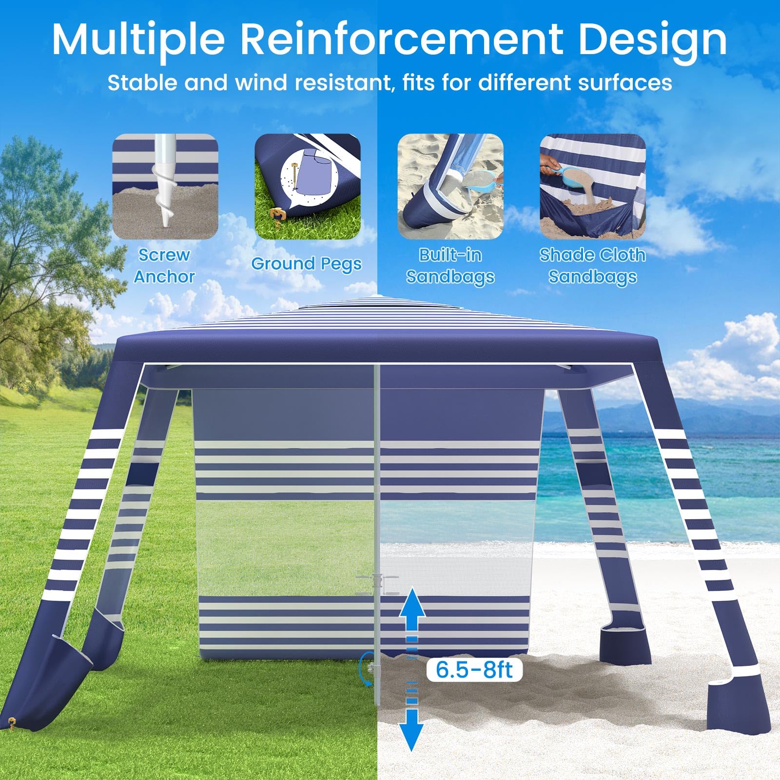 MoKo Beach Cabana, 8'×8' Large Beach Canopy with Side Wall, UPF 50+ Protection Easy Setup Beach Tent Sun Shelter, Adjustable Height Wind Resistant Cabana Beach Tent for Whole Family, Navy Stripes Retail $95.00