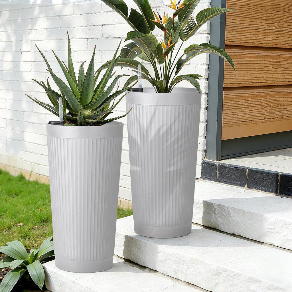 '-Pack 24in Round Plastic Self-Watering Planters with Vertical Ribbed Design White