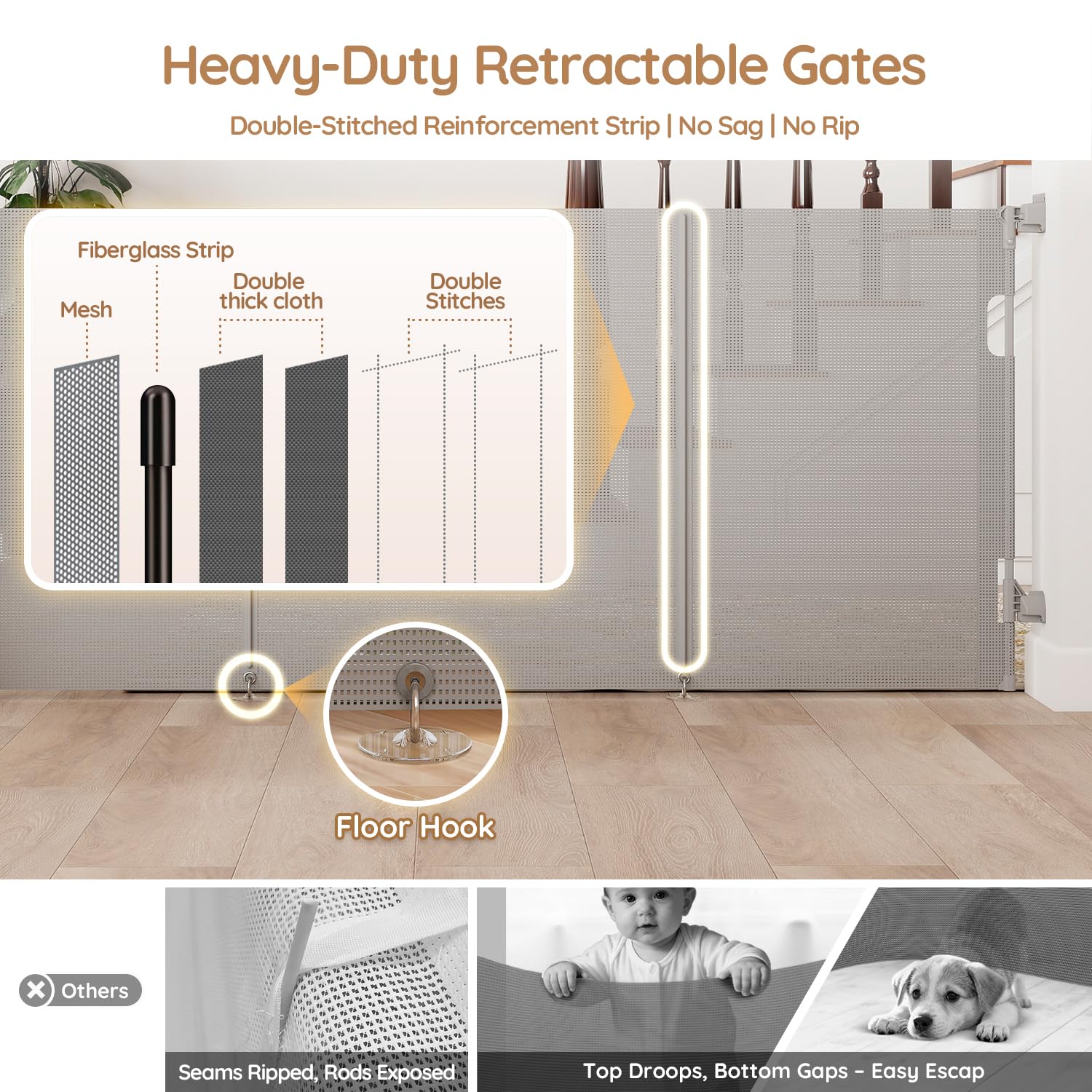 Ret retractable Baby Dog Safety Gate 59 Wide One-Hand Operation Gray