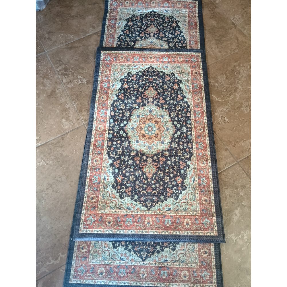 Persian Style Medallion Pattern Runner Rug Set 3-Piece - Blue Coral Cream