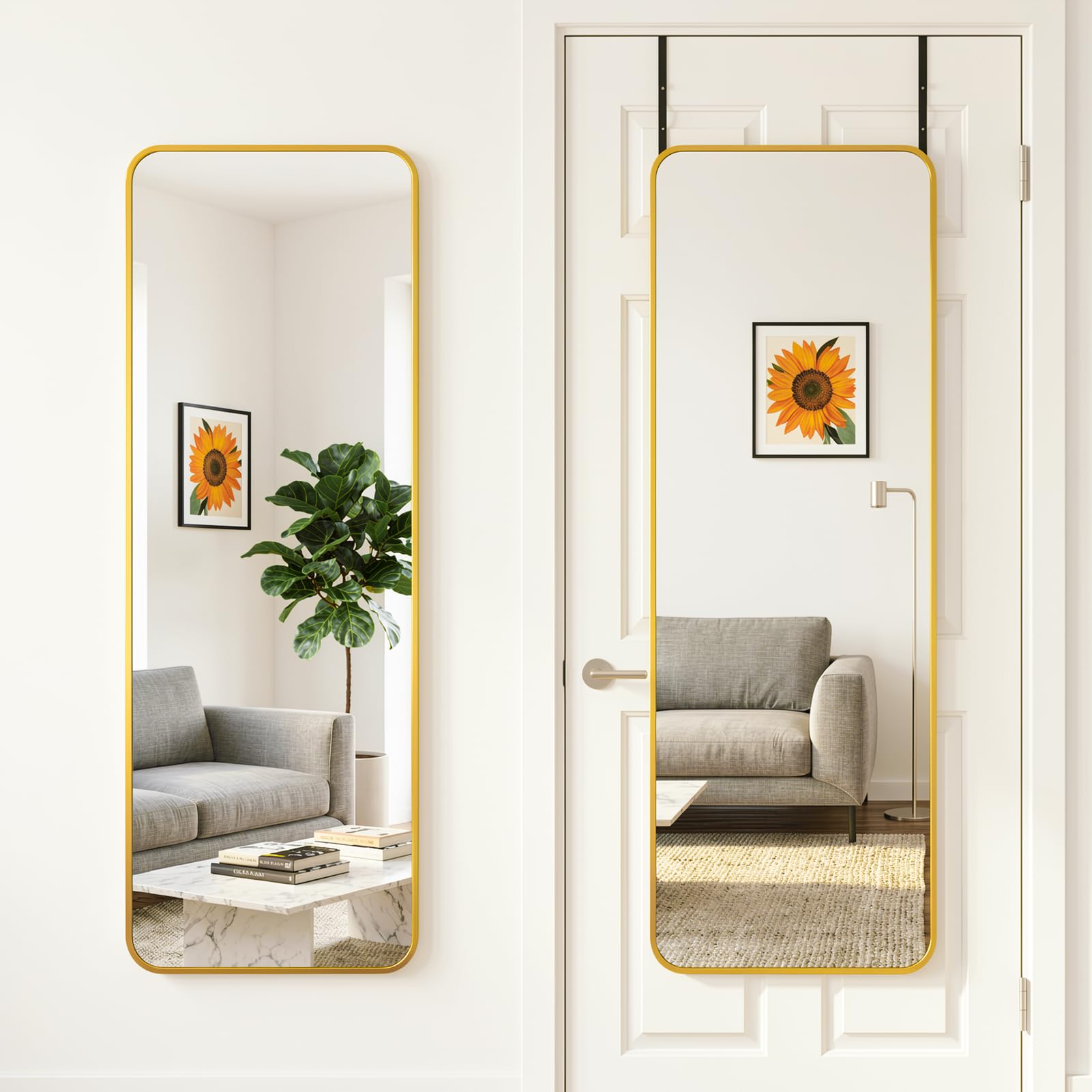 Gold 48x14 Rectangle Full Length Over the Door Mirror with Aluminum Frame