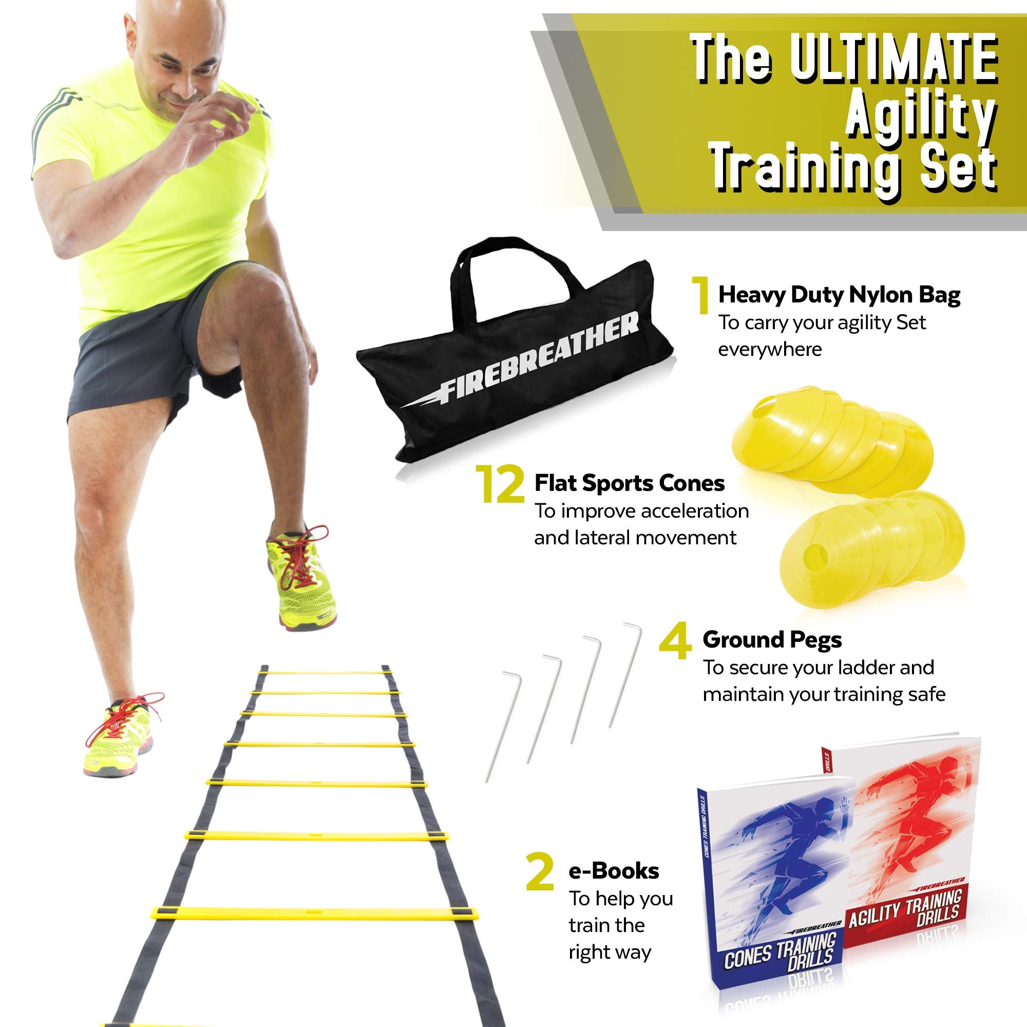 Agility Ladder and Cones by FireBreather. Great Training Equipment to Exercise Speed in Soccer, Football & Sports Workout. Set of 15ft Ladder, 12 Discs, 4 Pegs, Carrying Bag & 2 Drills Ebook
