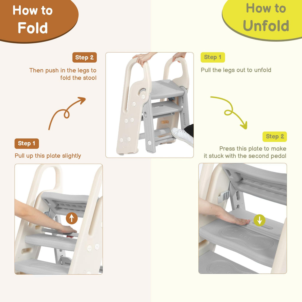 Adjustable Foldable 3-Step Kids Step Stool for Nursery Gray