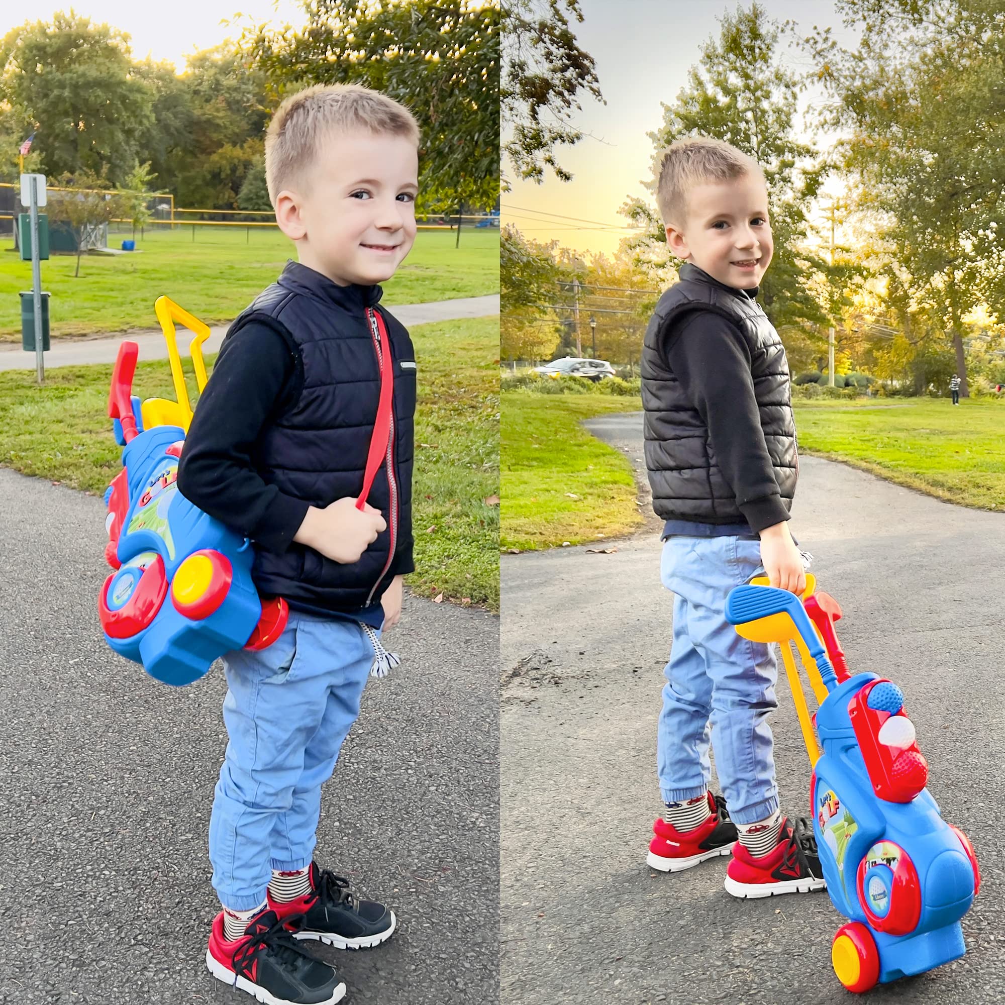 Blue Kids Beginner Golf Set with Cart Clubs Holes  Balls