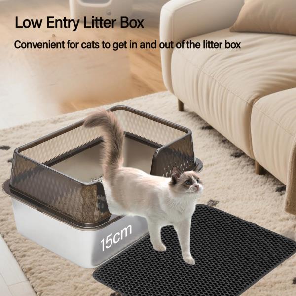 Enclosed High Sided Stainless Steel Cat Litter Box with Lid Scoop and Mats Transparent Black $59.00
